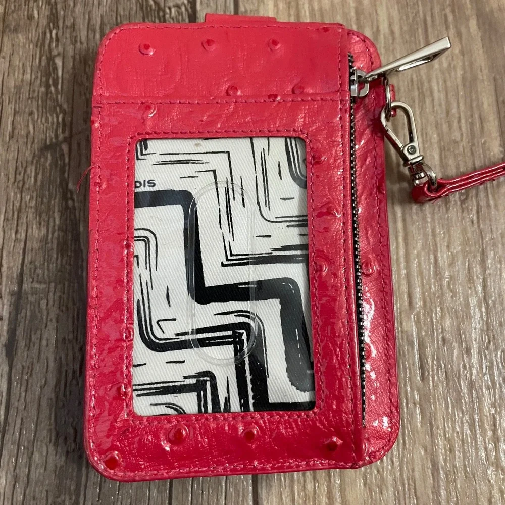 Lodis Pink‎ Ostrich Embossed Leather Card Case Wristlet ID Wallet Zipper Pocket